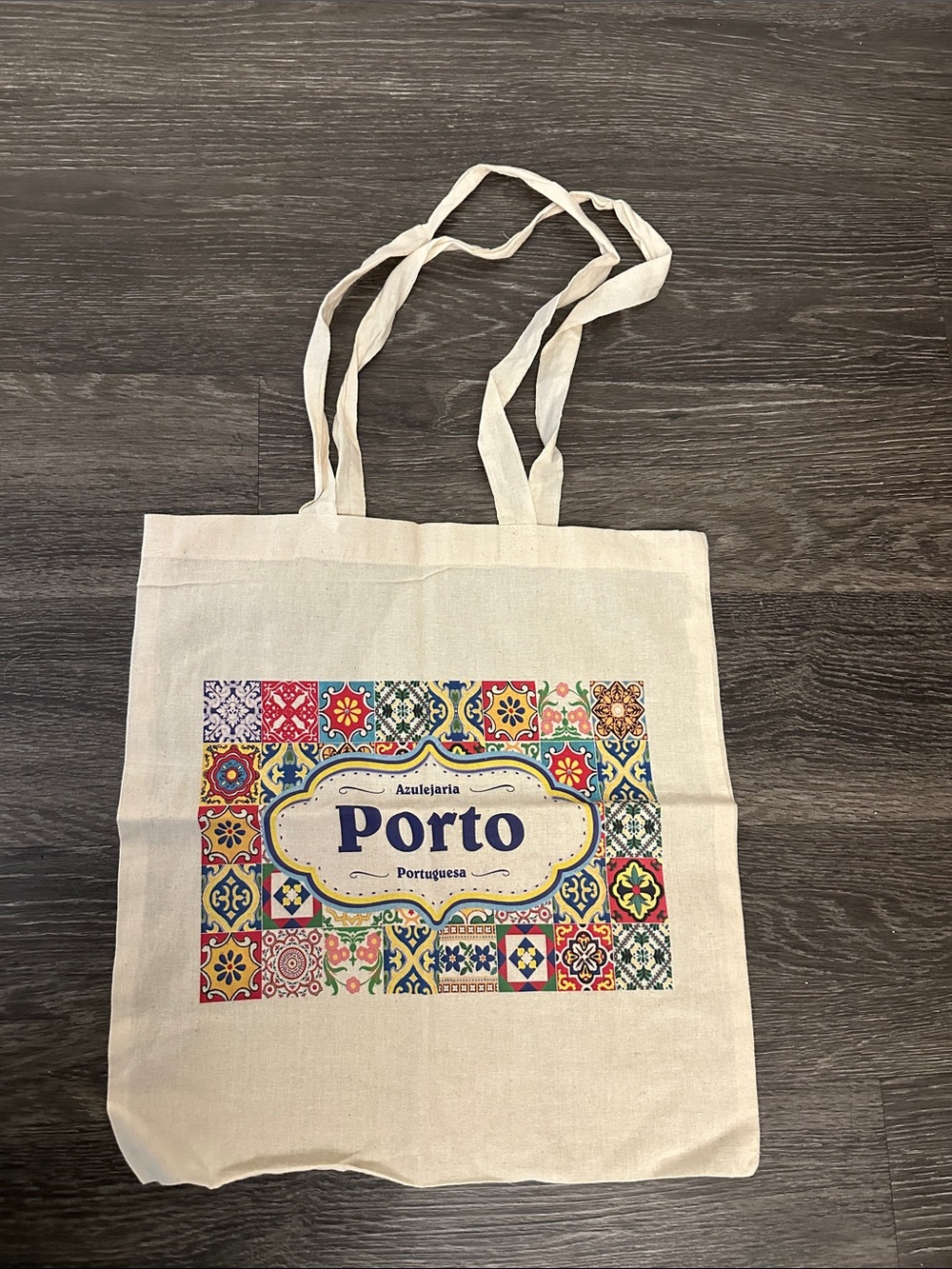 Porto Printed Canvas Tote Bag - Cream with Multicolor Tile Design